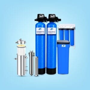 Whole house water filter and softener system with multi media filter, softener vessel, brine tank and jumbo filtration